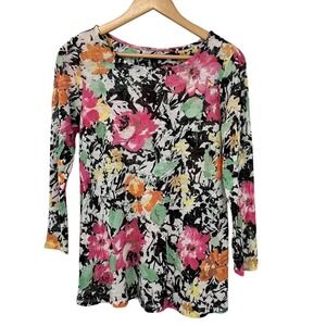 Lauren Ralph Lauren Womens Medium Pink Floral 100% Linen Long Sleeve Knit Top